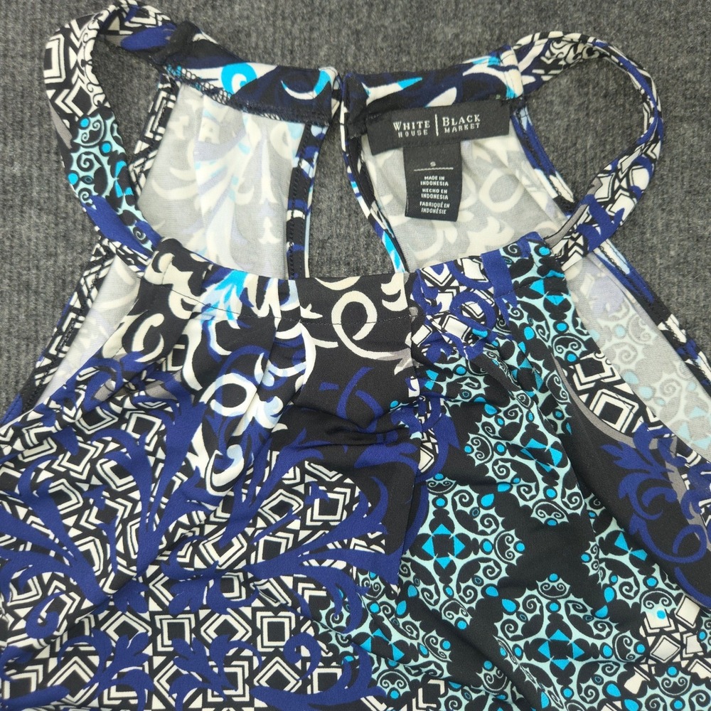 White House Black Market Halter Top Womens Size S Blue Black Damask Print Blouse
